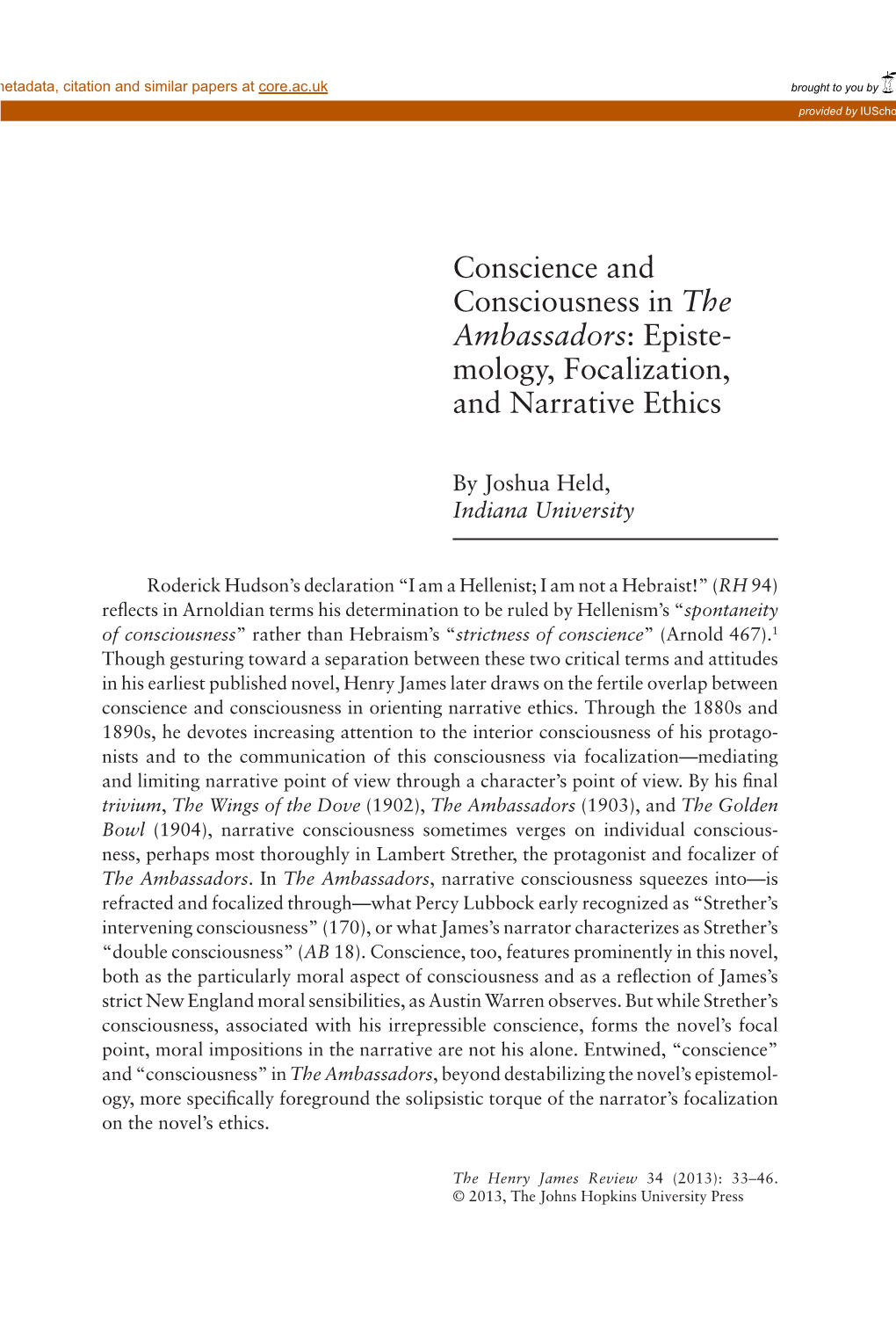 Conscience and Consciousness in the Ambassadors: Episte- Mology, Focalization, and Narrative Ethics