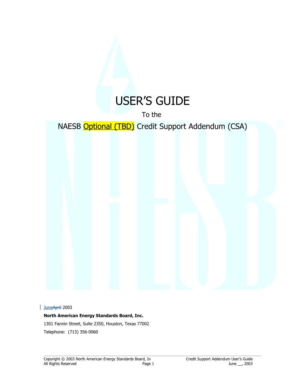 NAESB Credit Support Addendum Cover Sheet