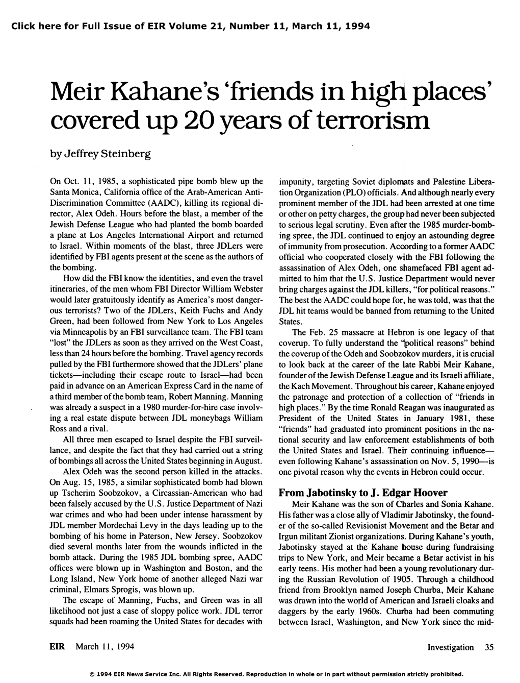 Meir Kahane's 'Friends in High Places' Covered up 20 Years of Terrorism