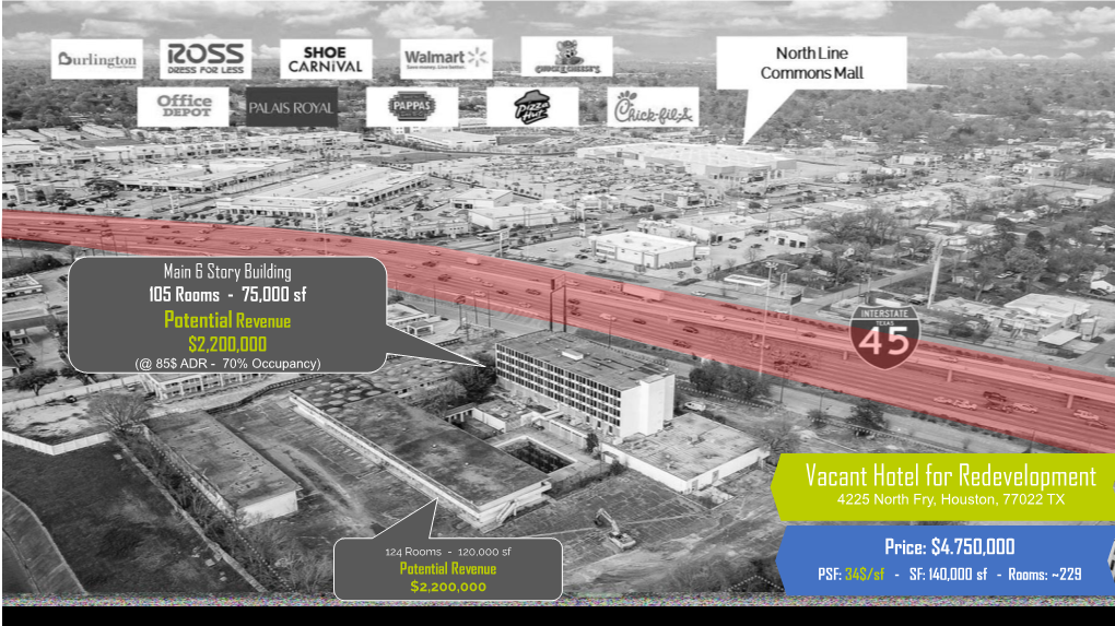 Vacant Hotel for Redevelopment 4225 North Fry, Houston, 77022 TX