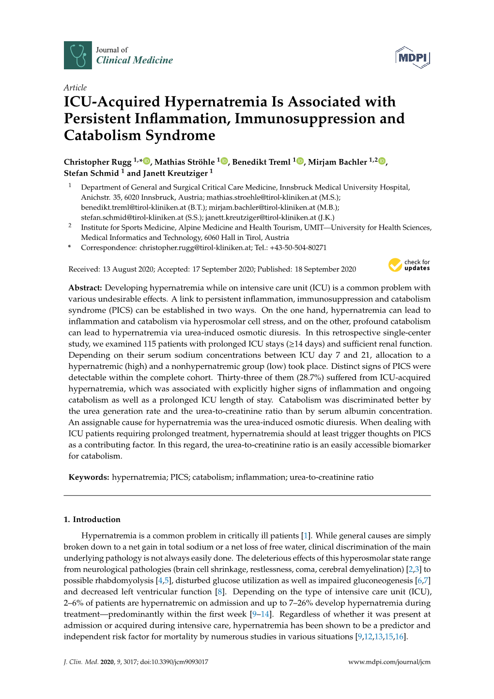 ICU-Acquired Hypernatremia Is Associated with Persistent Inﬂammation, Immunosuppression and Catabolism Syndrome