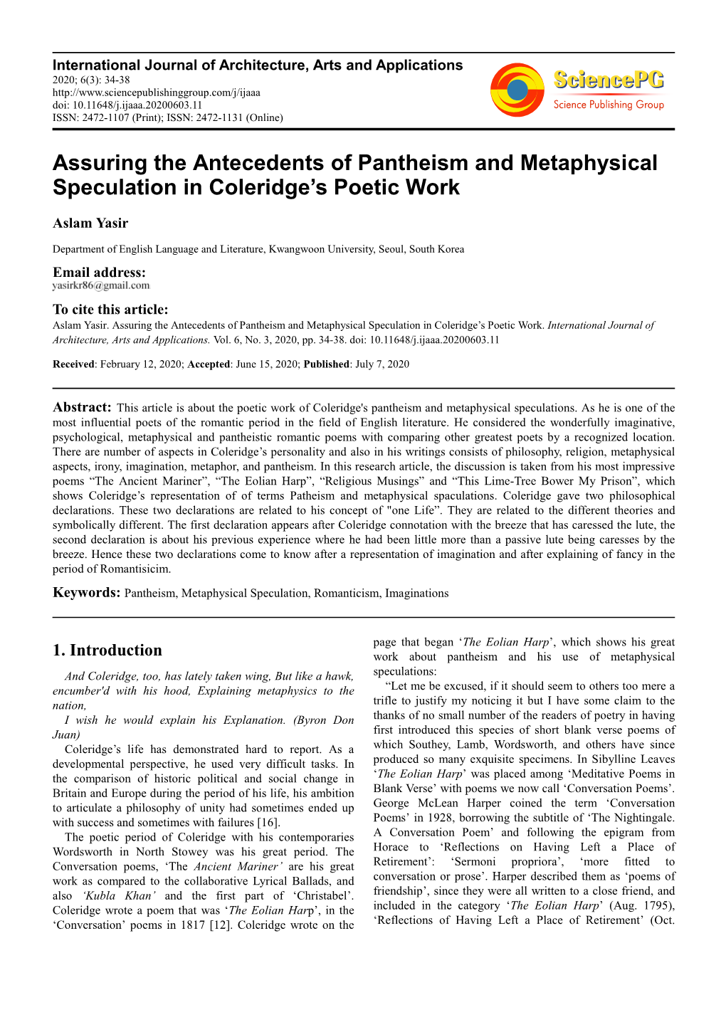 Assuring the Antecedents of Pantheism and Metaphysical Speculation in Coleridge’S Poetic Work