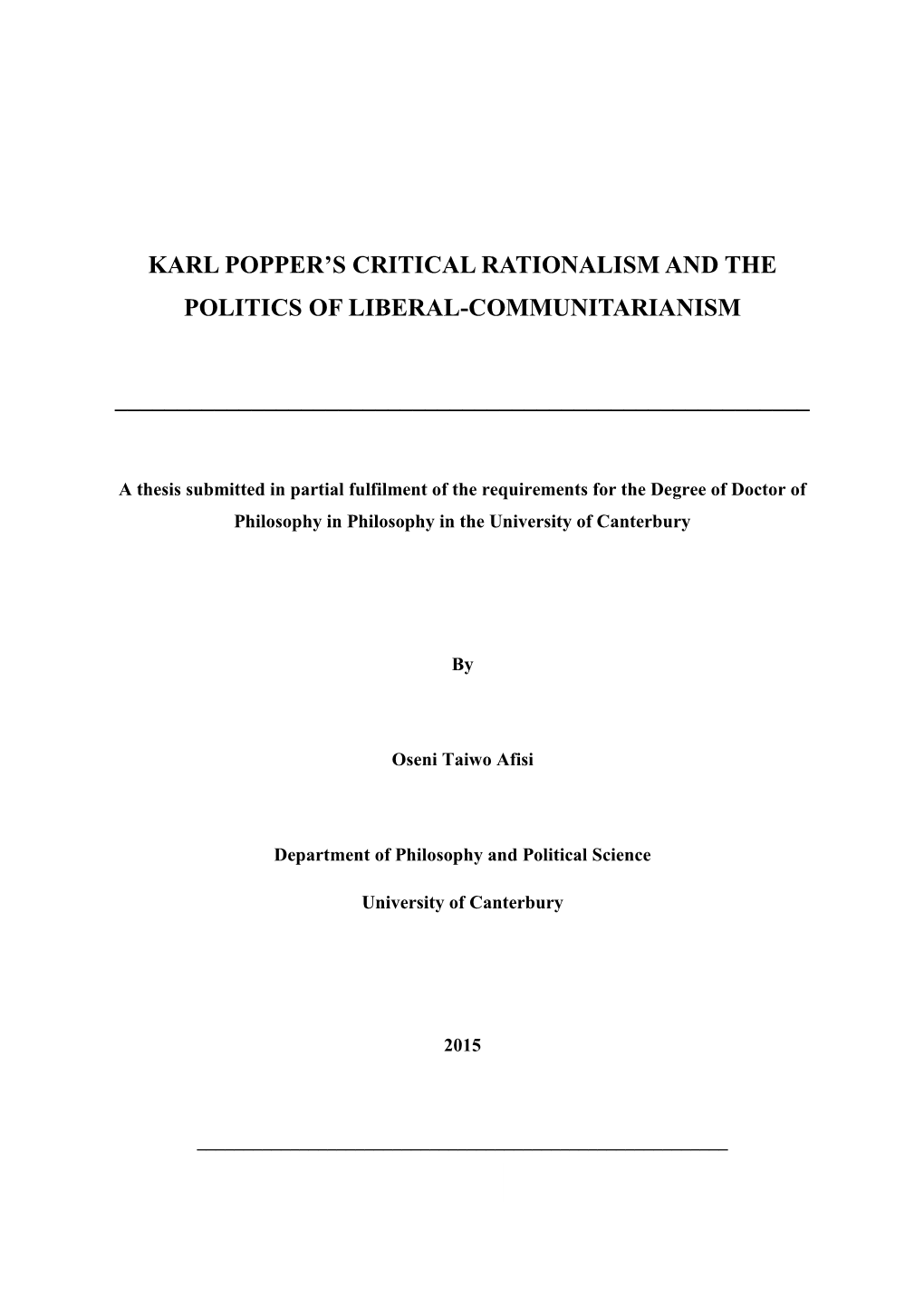 Karl Popper's Critical Rationalism and the Politics