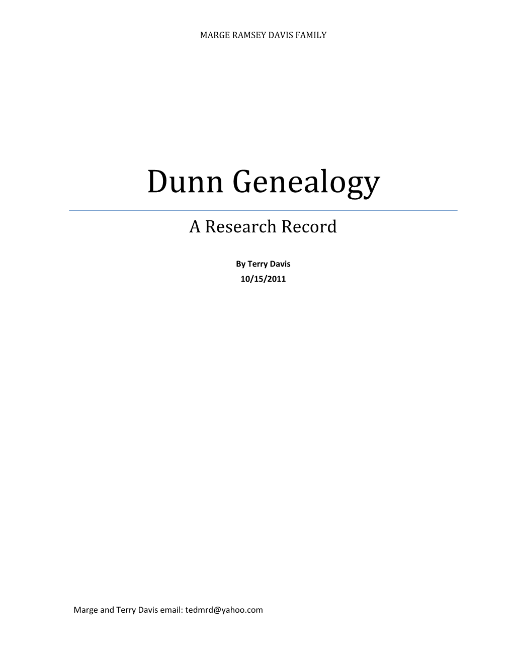 Dunn Genealogy a Research Record