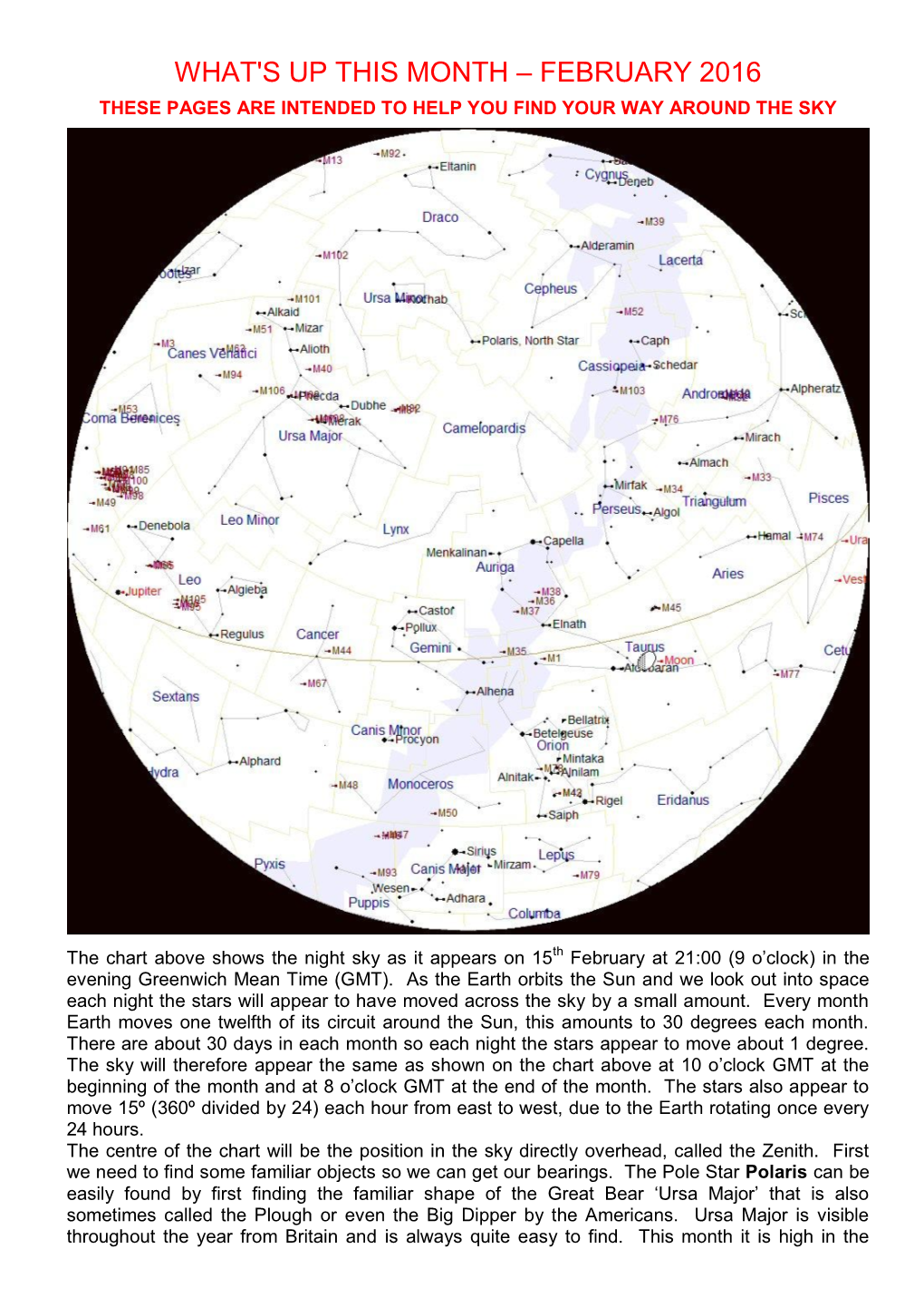 What's up This Month – February 2016 These Pages Are Intended to Help You Find Your Way Around the Sky