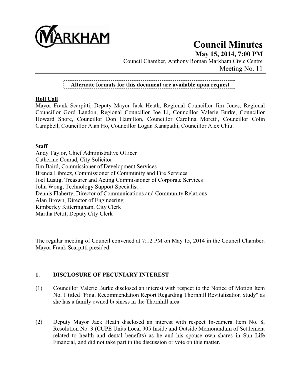 Council Minutes May 15, 2014, 7:00 PM Council Chamber, Anthony Roman Markham Civic Centre Meeting No