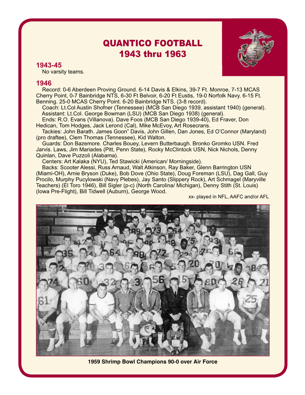 Quantico Football 1943 Thru 1963 1943-45 No Varsity Teams