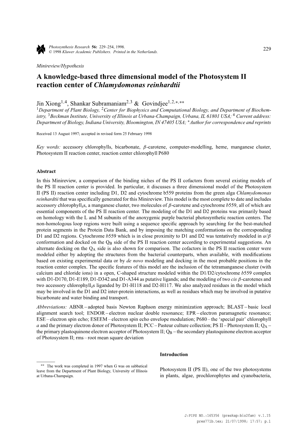 A Knowledge-Based Three Dimensional Model of the Photosystem II Reaction Center of Chlamydomonas Reinhardtii