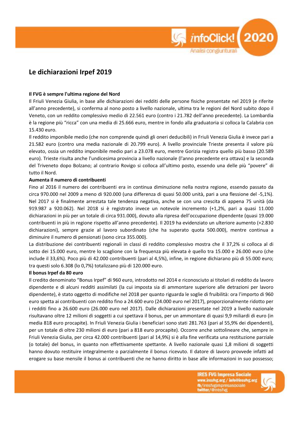 Le Dichiarazioni Irpef 2019