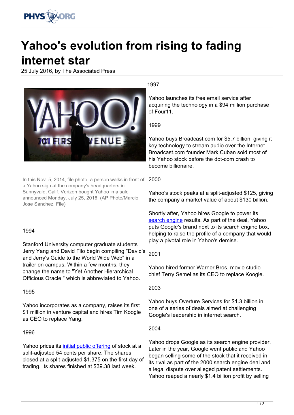 Yahoo's Evolution from Rising to Fading Internet Star 25 July 2016, by the Associated Press