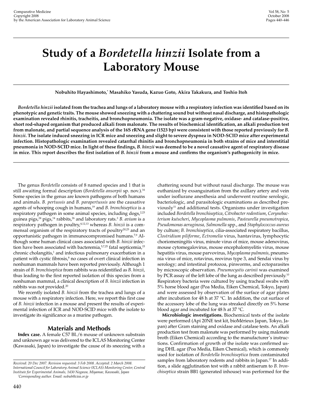 &lt;I&gt; Bordetella Hinzii&lt;/I&gt;