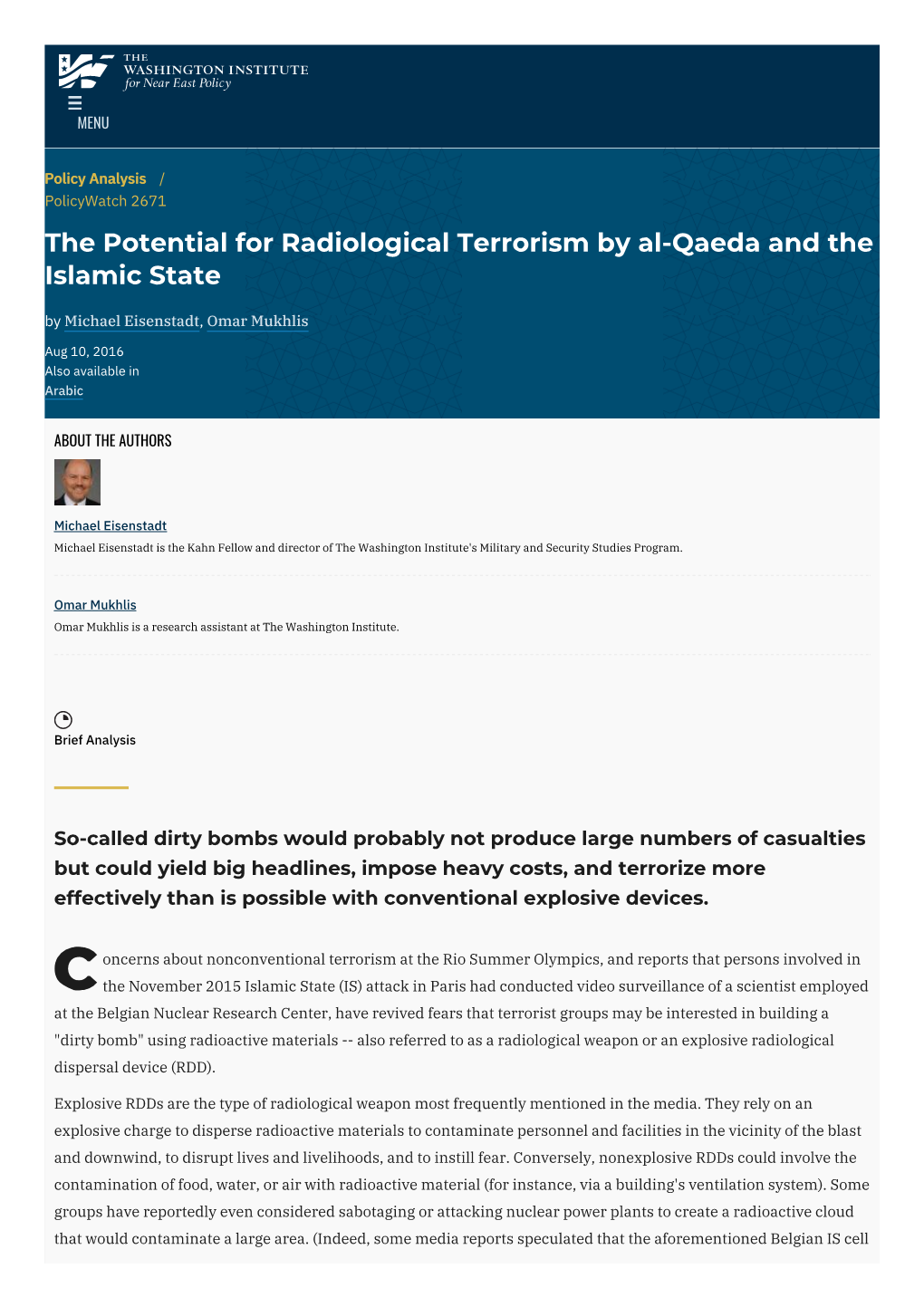 The Potential for Radiological Terrorism by Al-Qaeda and the Islamic State by Michael Eisenstadt, Omar Mukhlis