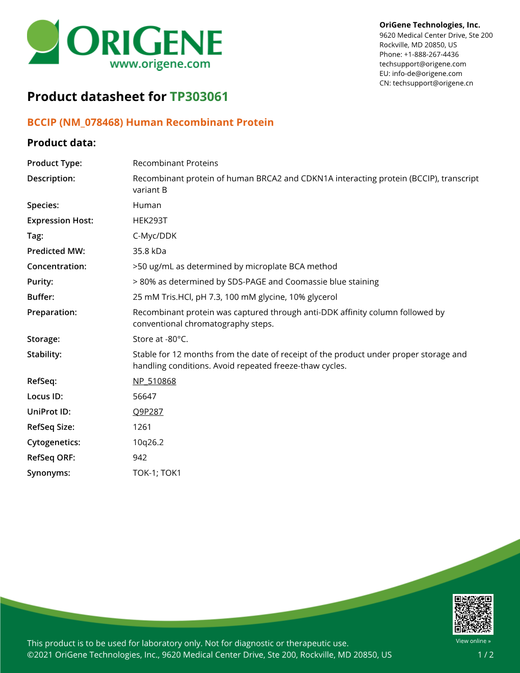 BCCIP (NM 078468) Human Recombinant Protein Product Data