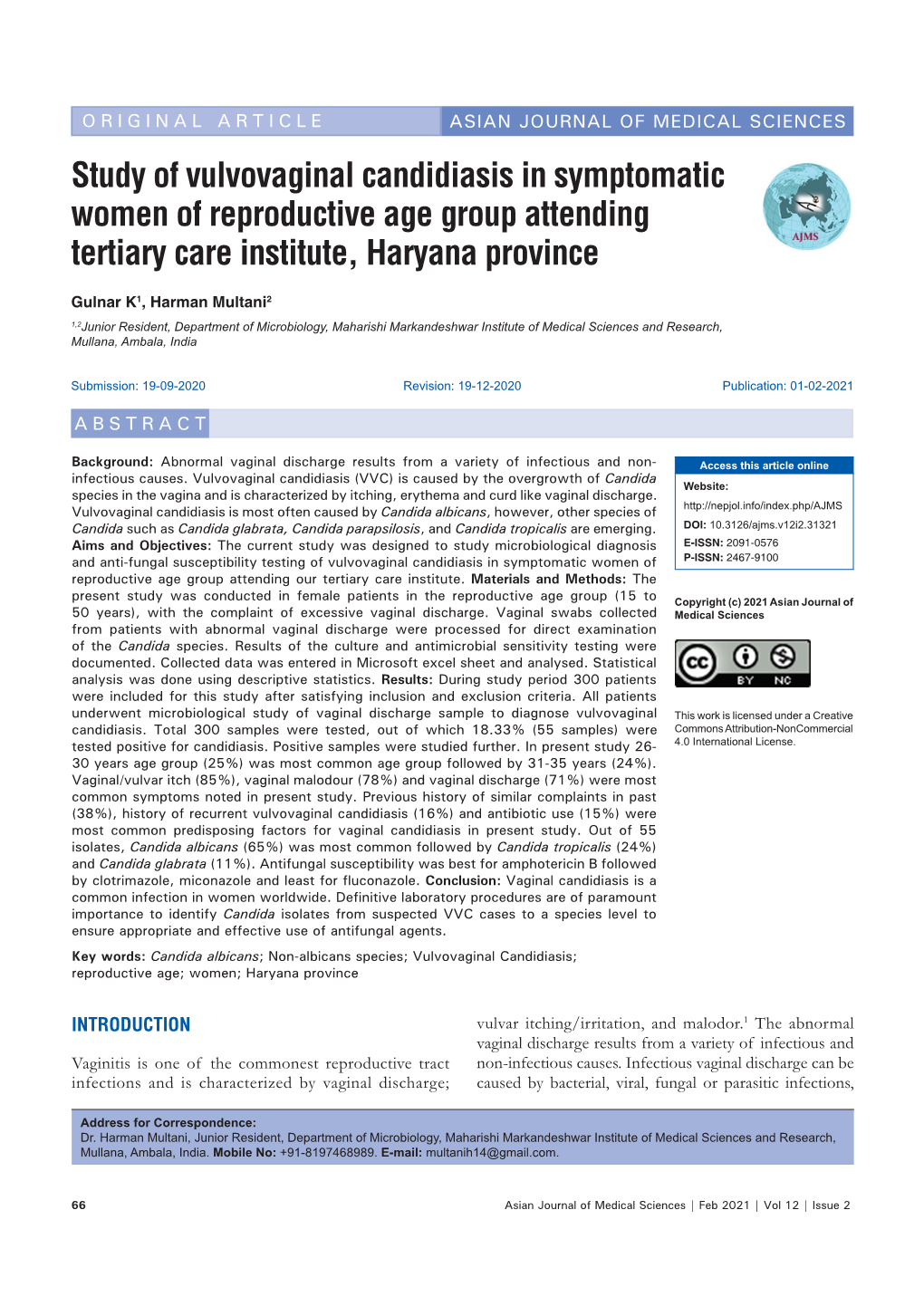 Study of Vulvovaginal Candidiasis in Symptomatic Women of Reproductive Age Group Attending Tertiary Care Institute, Haryana Province