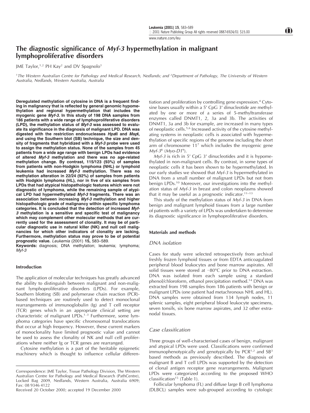 The Diagnostic Significance of Myf-3 Hypermethylation in Malignant