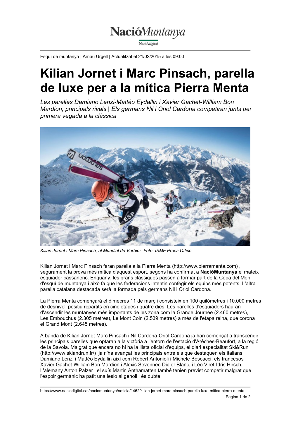 Kilian Jornet I Marc Pinsach, Parella De Luxe Per a La Mítica Pierra Menta