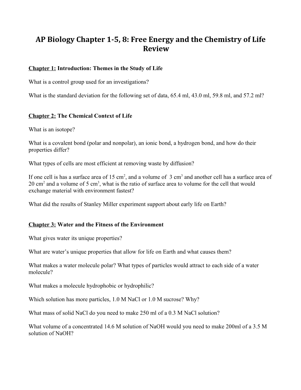 AP Biology Chapter 1-5: Chemistry of Life Review