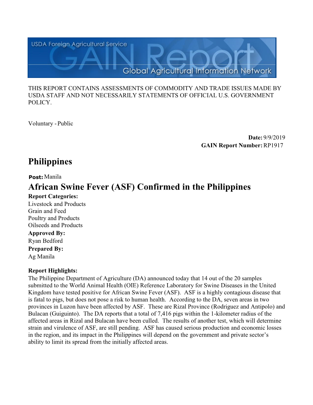 Philippines African Swine Fever (ASF) Confirmed in the Philippines