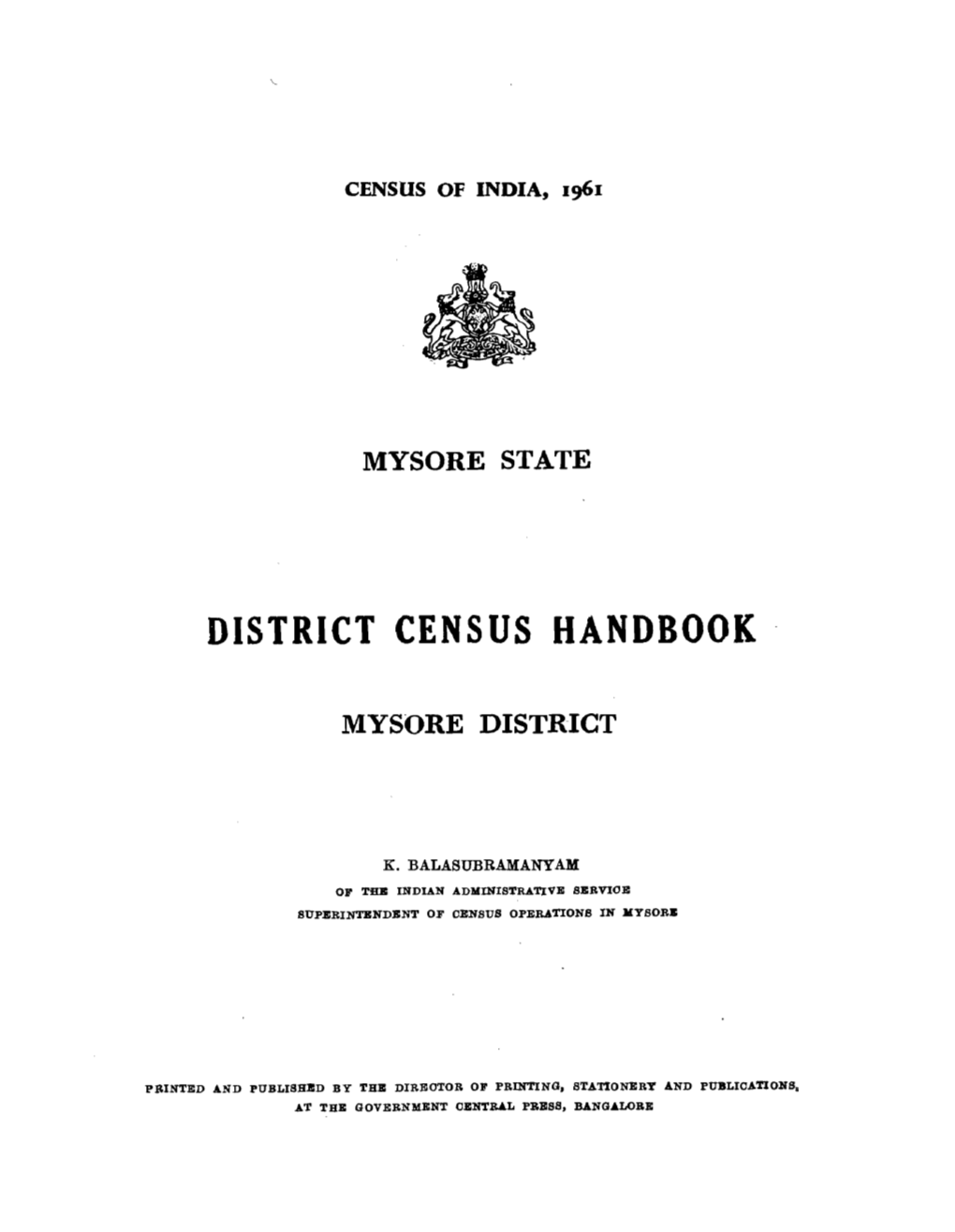 District Census Handbook, Mysore