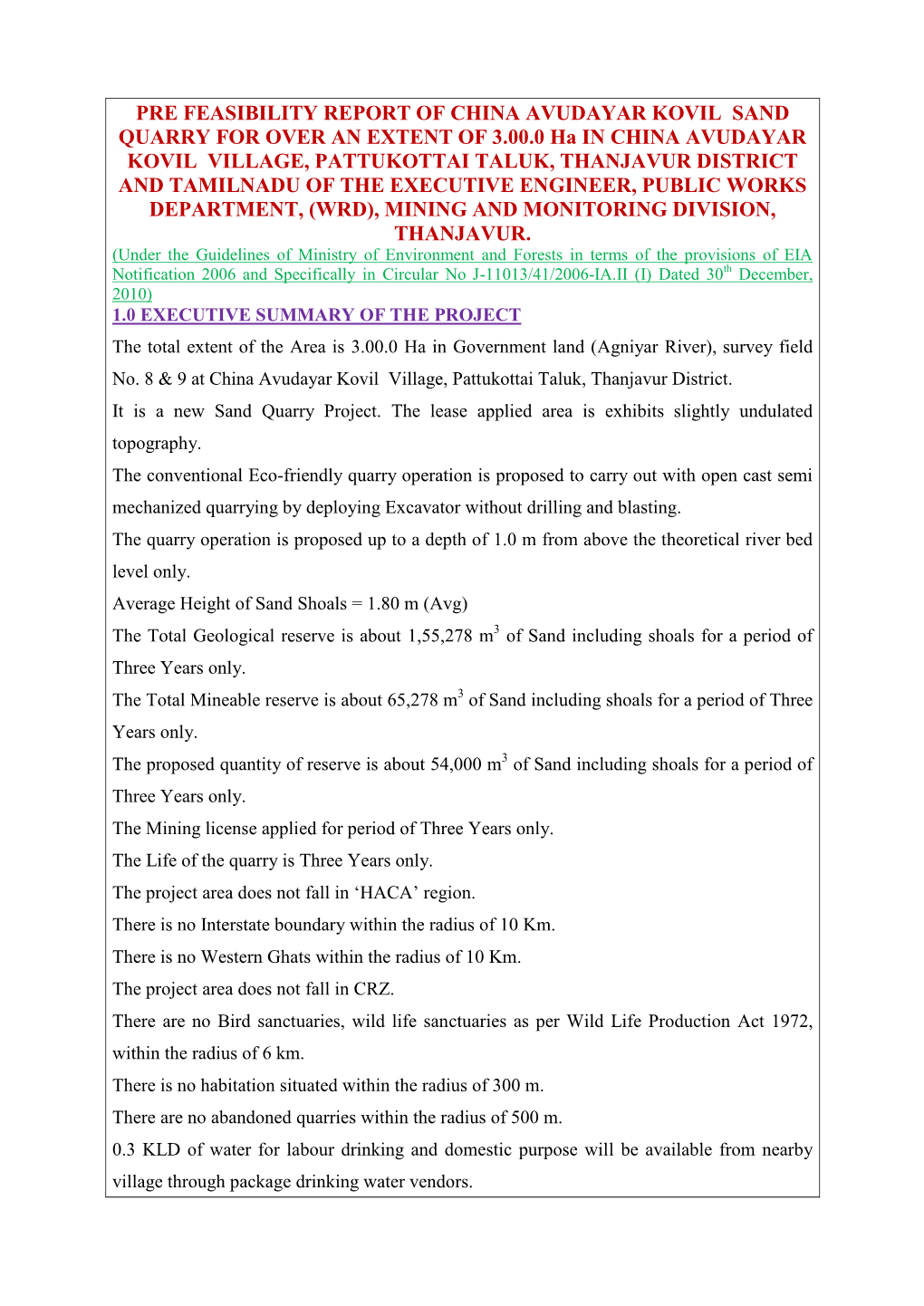 PRE FEASIBILITY REPORT of CHINA AVUDAYAR KOVIL SAND QUARRY for OVER an EXTENT of 3.00.0 Ha in CHINA AVUDAYAR KOVIL VILLAGE, PA