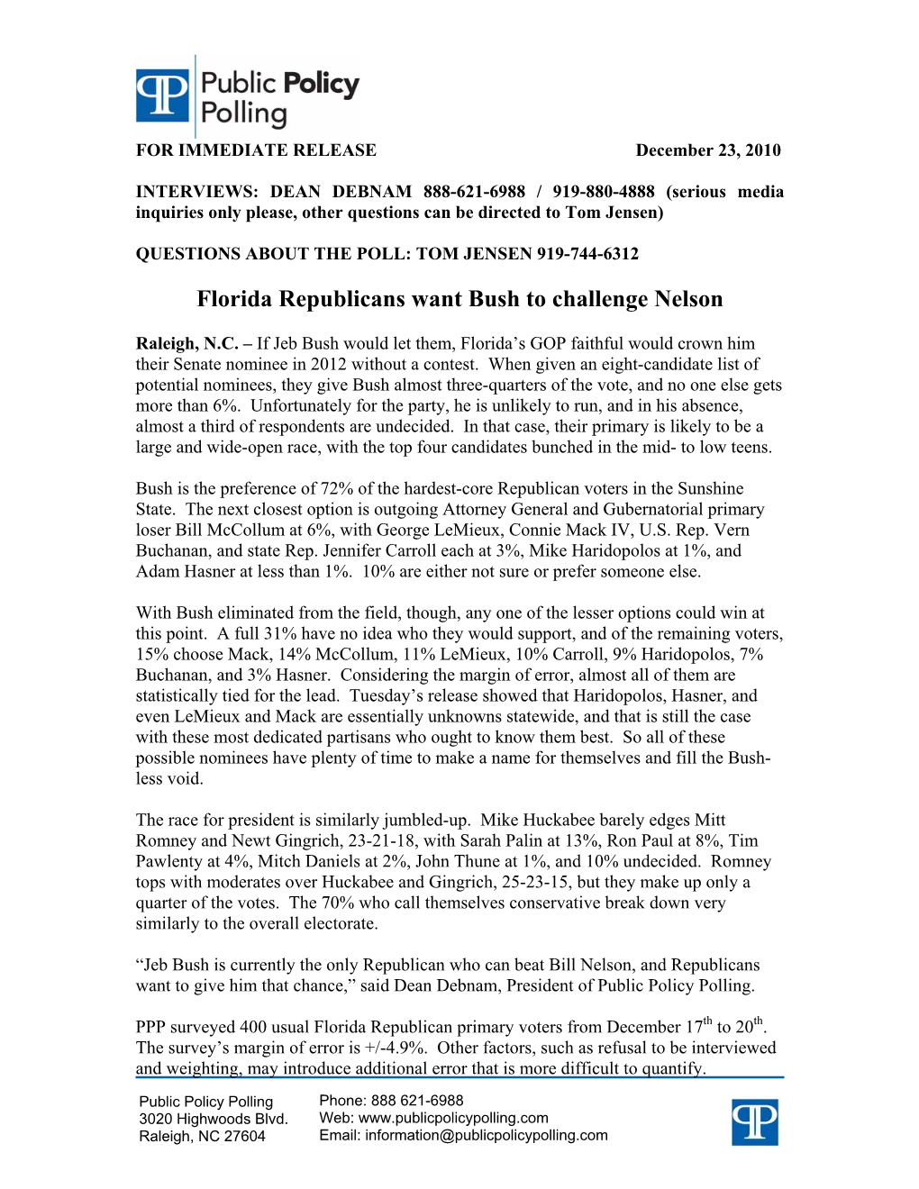 Florida Republicans Want Bush to Challenge Nelson
