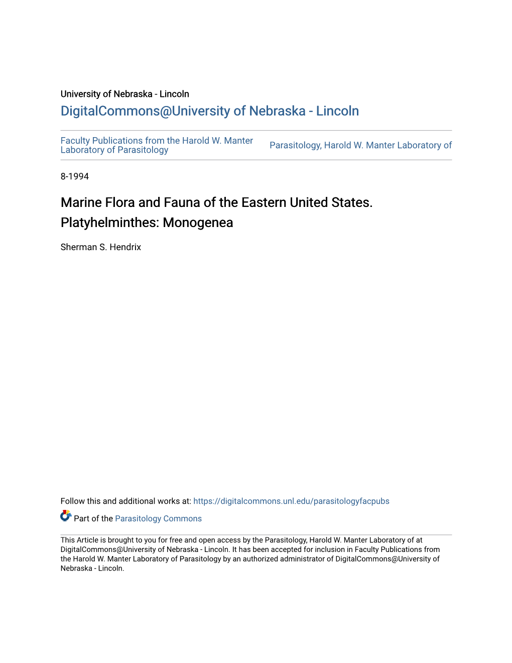 Marine Flora and Fauna of the Eastern United States. Platyhelminthes: Monogenea