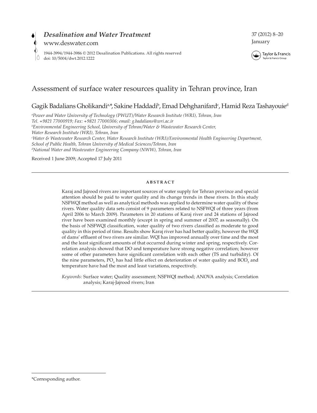 Assessment of Surface Water Resources Quality in Tehran Province, Iran