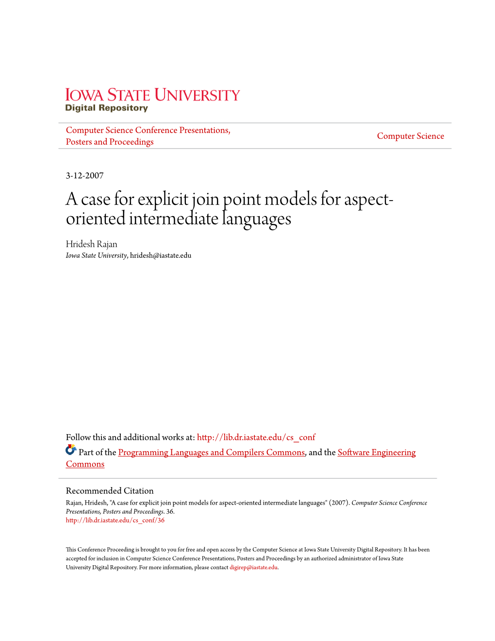 A Case for Explicit Join Point Models for Aspect-Oriented Intermediate Languages" (2007)
