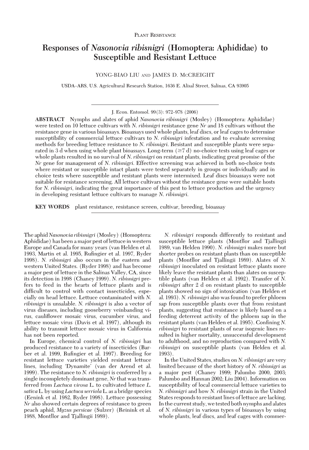 Responses of Nasonovia Ribisnigri (Homoptera: Aphididae) to Susceptible and Resistant Lettuce