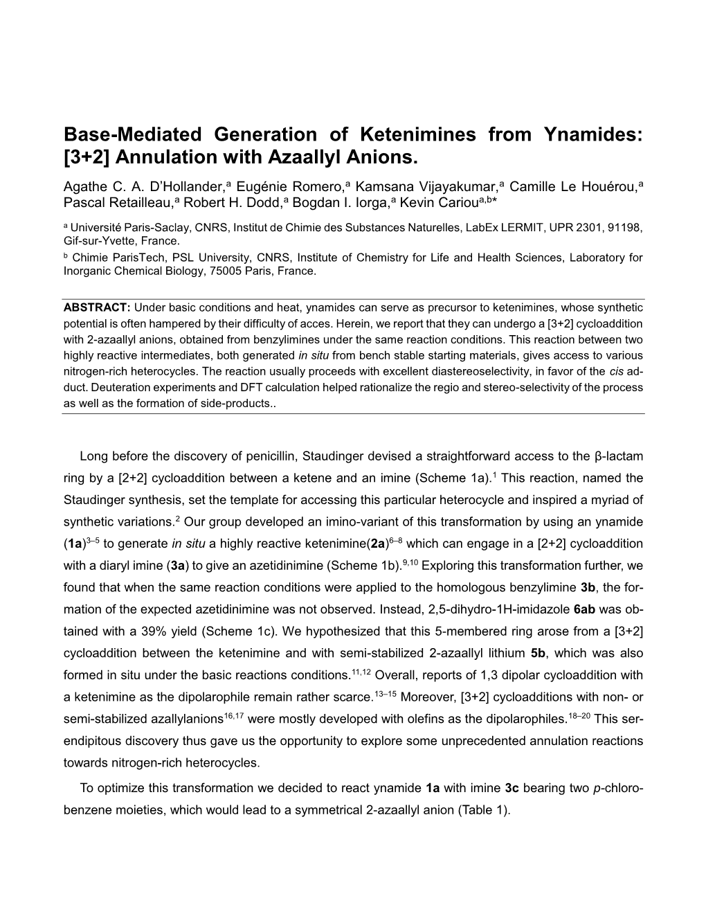 Base-Mediated Generation of Ketenimines from Ynamides: [3+2] Annulation with Azaallyl Anions