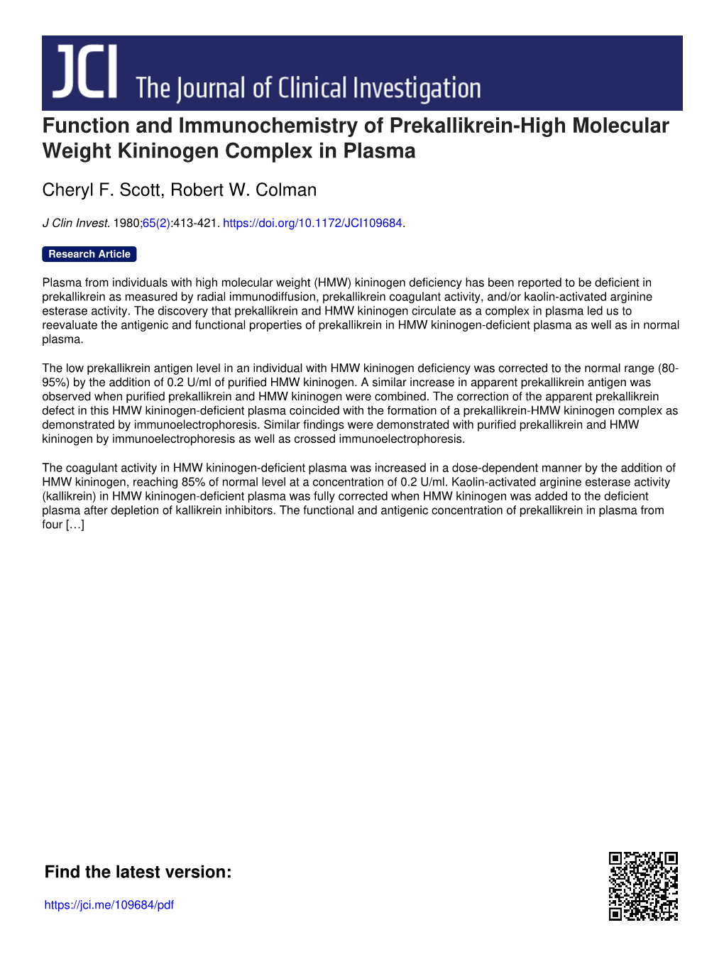 Function and Immunochemistry of Prekallikrein-High Molecular Weight Kininogen Complex in Plasma