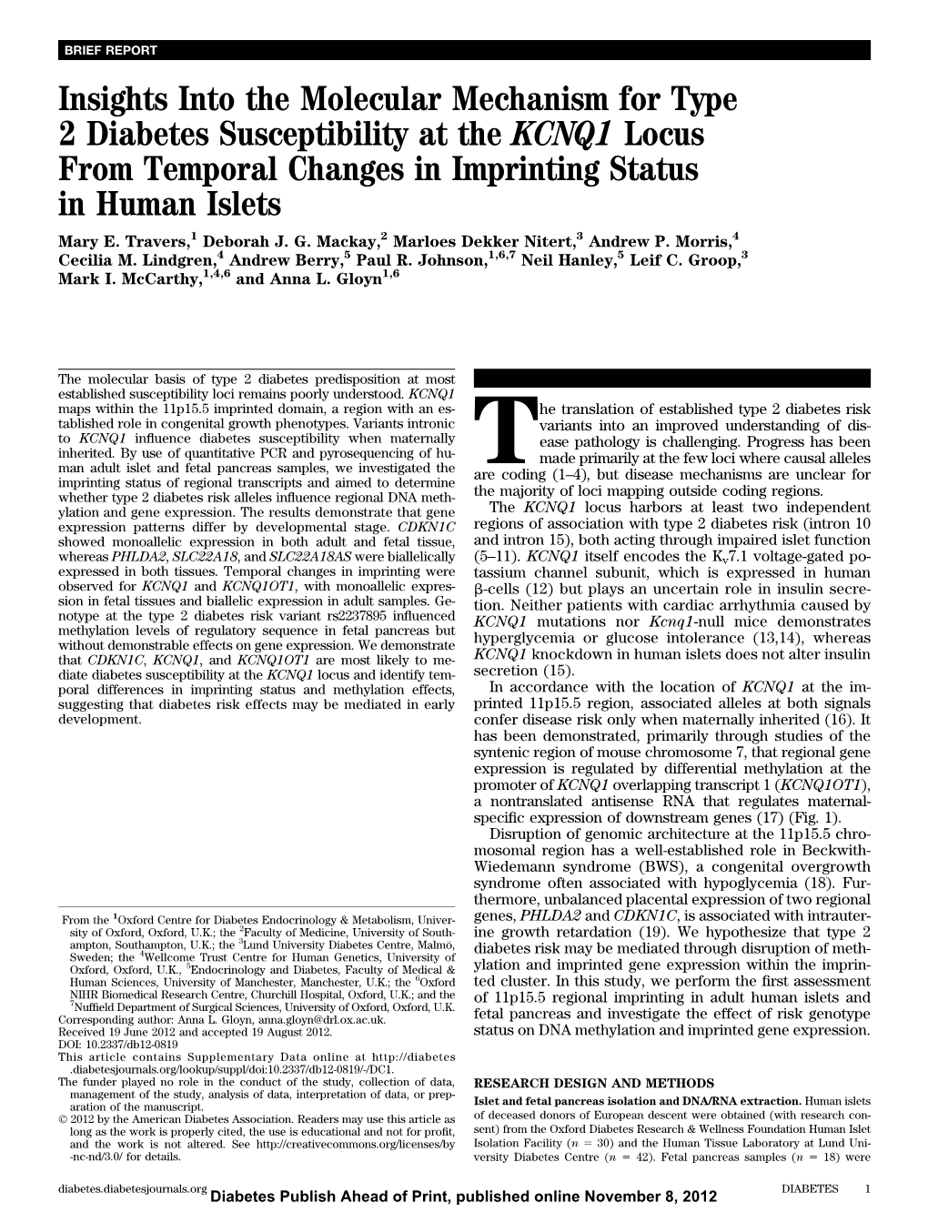 Insights Into the Molecular Mechanism for Type 2 Diabetes Susceptibility at the KCNQ1 Locus from Temporal Changes in Imprinting Status in Human Islets Mary E