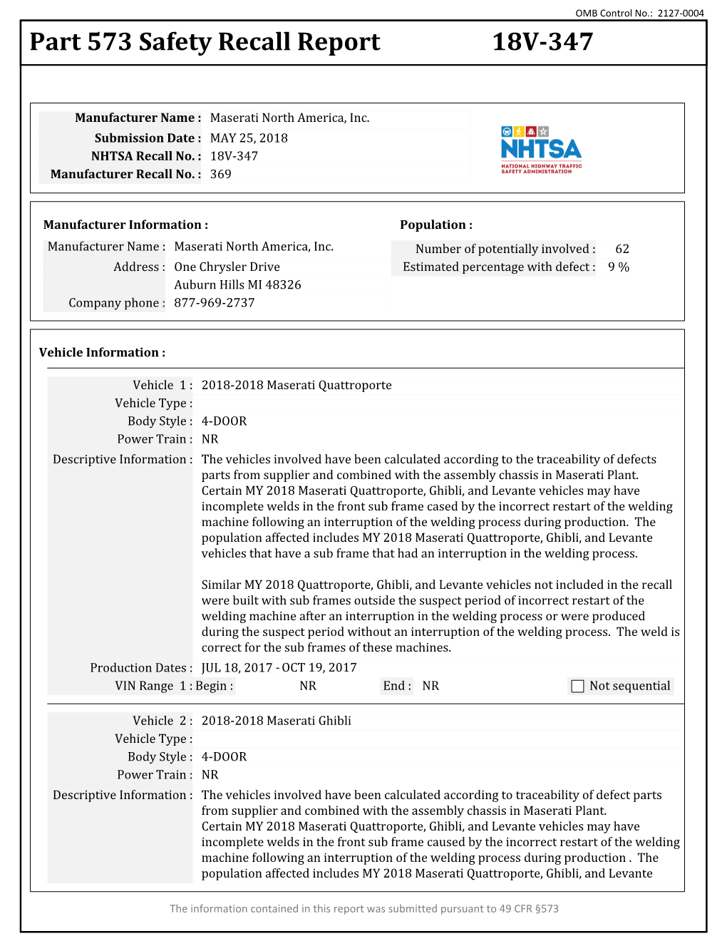 Part 573 Safety Recall Report 18V-347