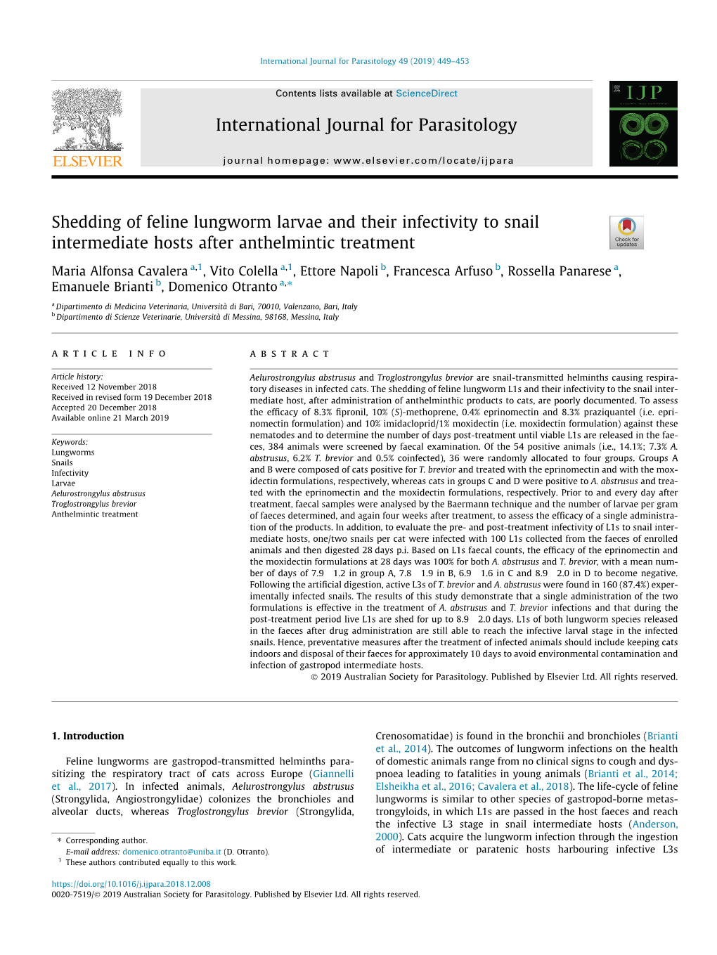 International Journal for Parasitology 49 (2019) 449–453