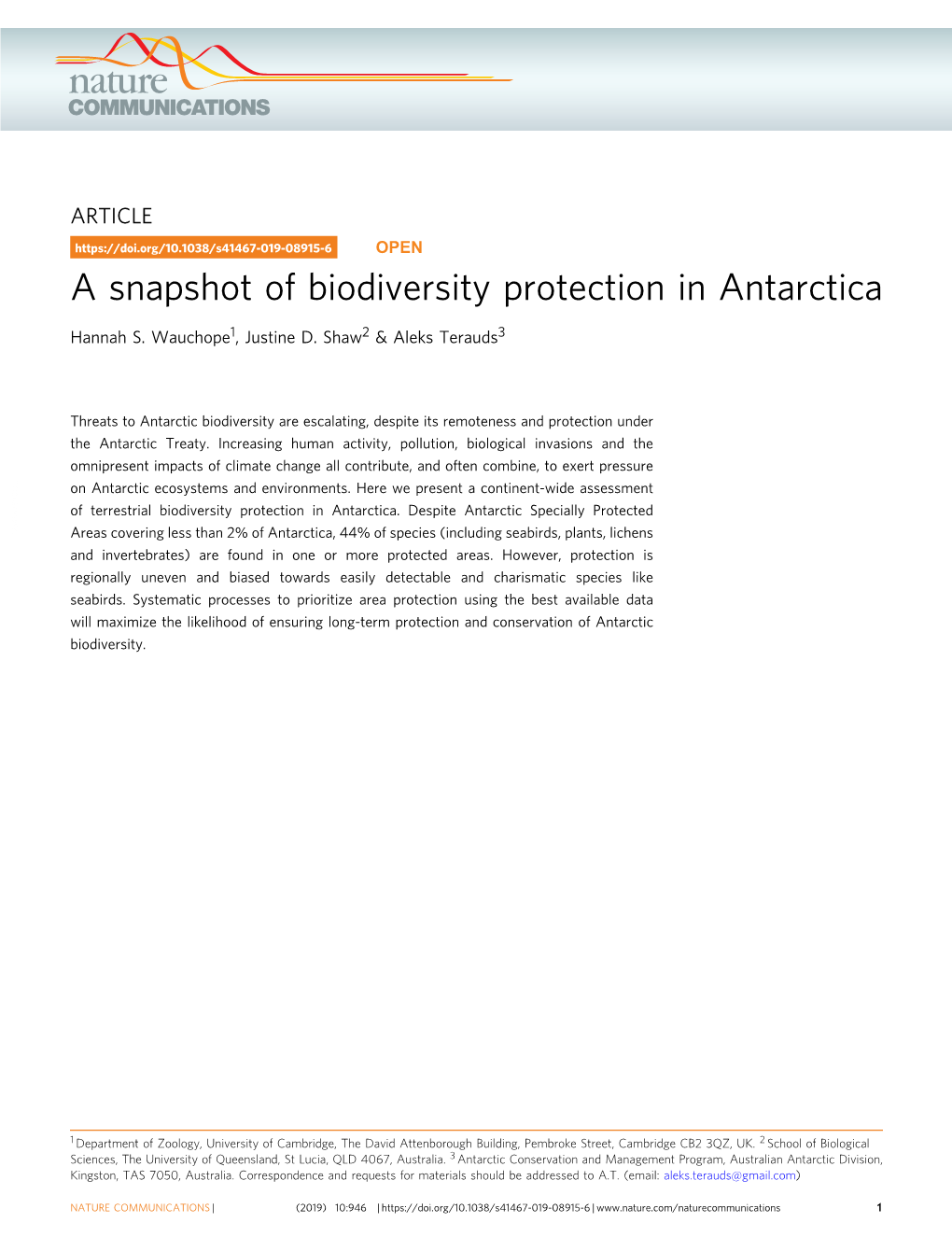 A Snapshot of Biodiversity Protection in Antarctica