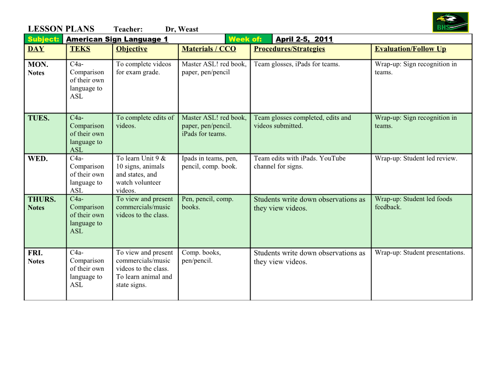 LESSON PLANS Teacher: Dr, Weast