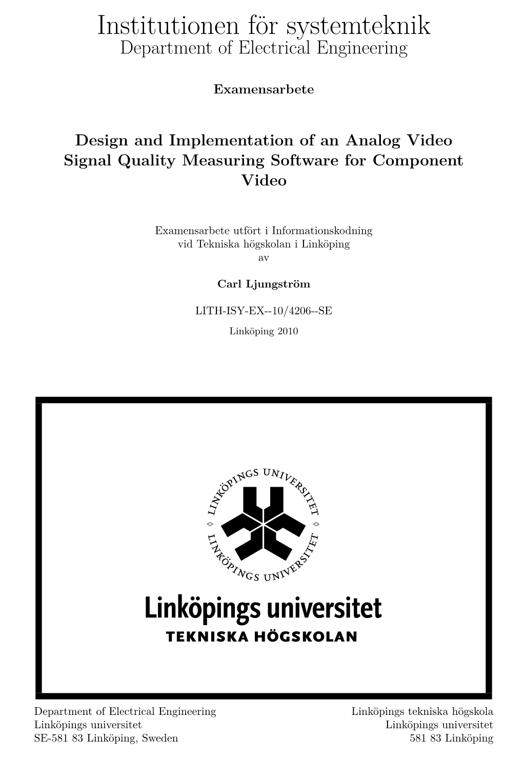 Institutionen För Systemteknik Department of Electrical Engineering