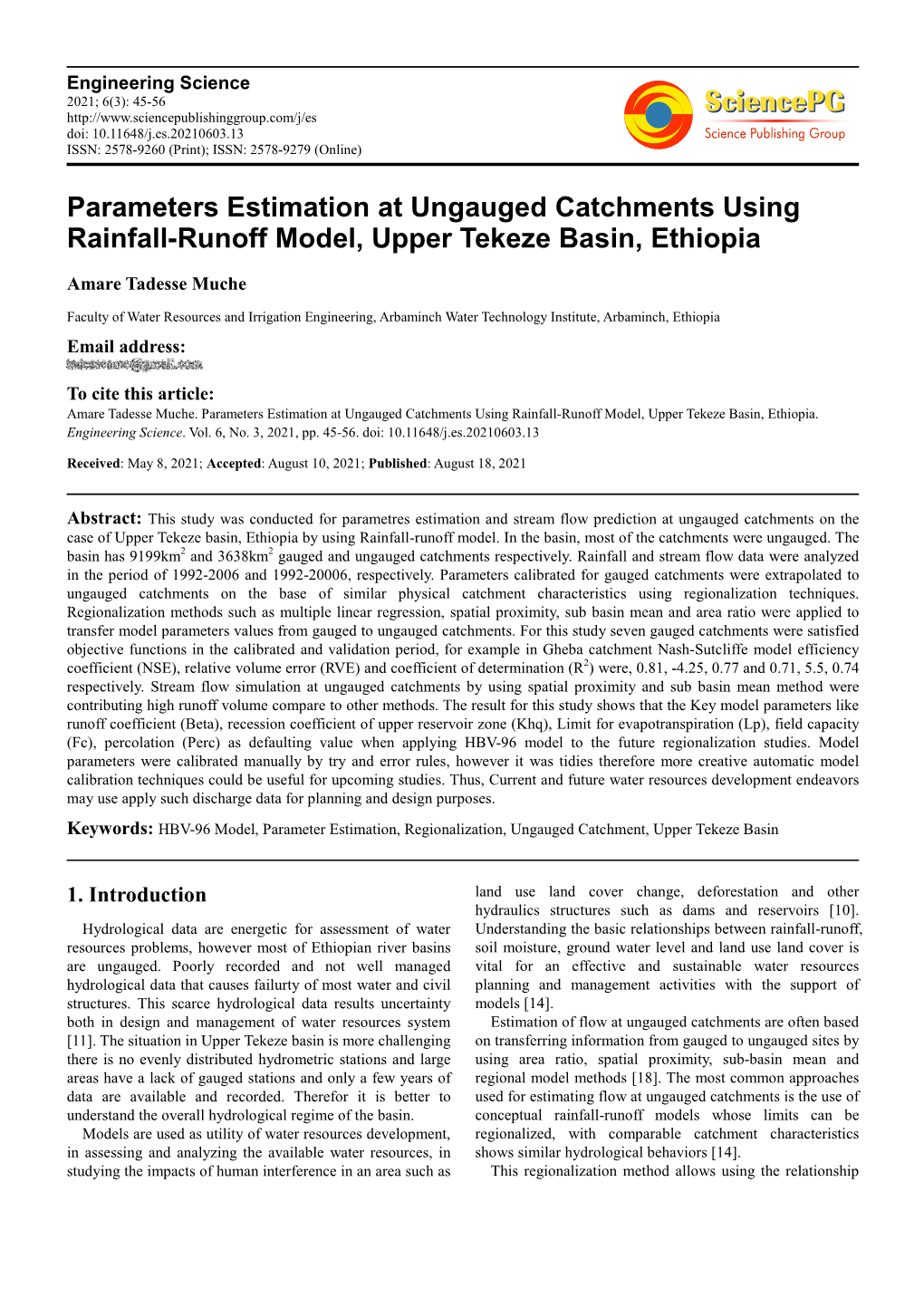 Parameters Estimation at Ungauged Catchments Using Rainfall-Runoff Model, Upper Tekeze Basin, Ethiopia