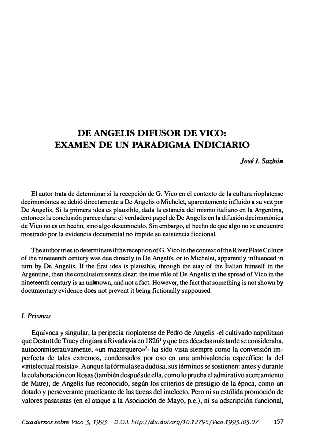 De Angeus Difusor De Vico: Examen De Un Paradigma Indiciario