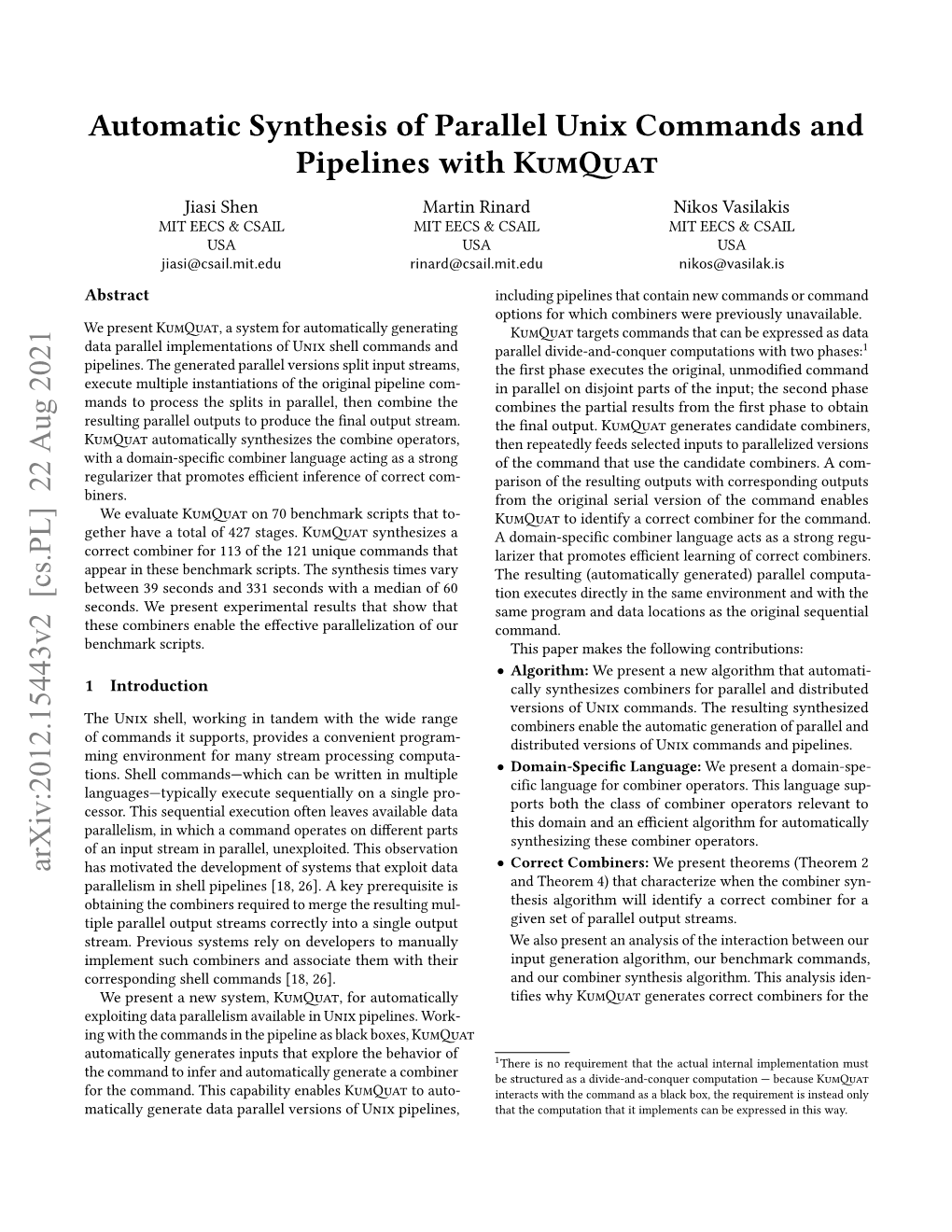 Automatic Synthesis of Parallel Unix Commands and Pipelines with Kumquat