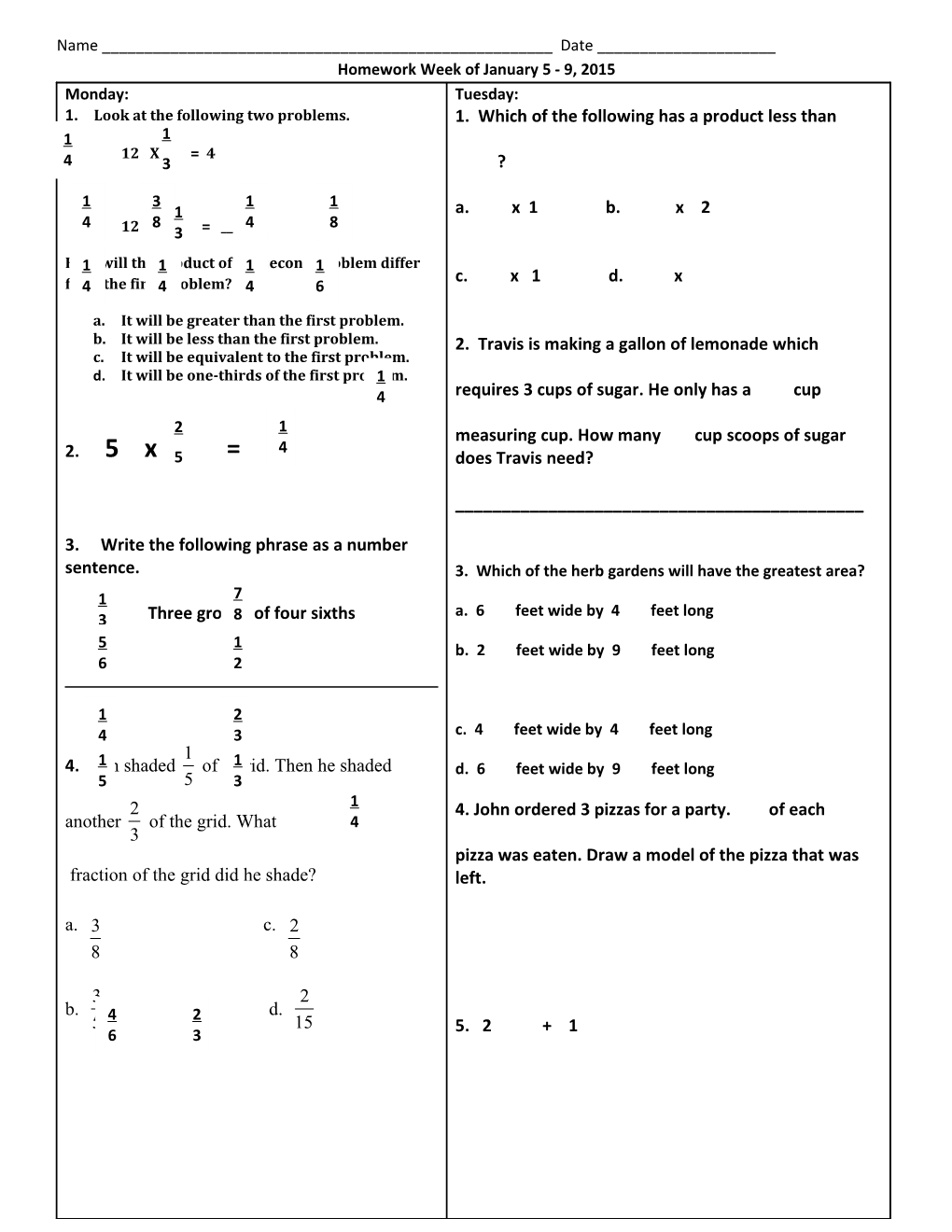 Homework Week of January 5 - 9, 2015