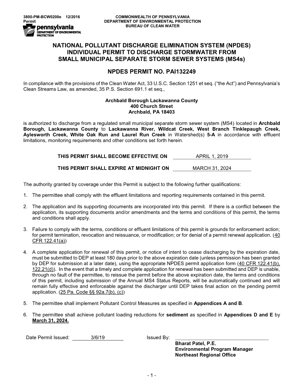 NATIONAL POLLUTANT DISCHARGE ELIMINATION SYSTEM (NPDES) INDIVIDUAL PERMIT to DISCHARGE STORMWATER from SMALL MUNICIPAL SEPARATE STORM SEWER SYSTEMS (Ms4s)