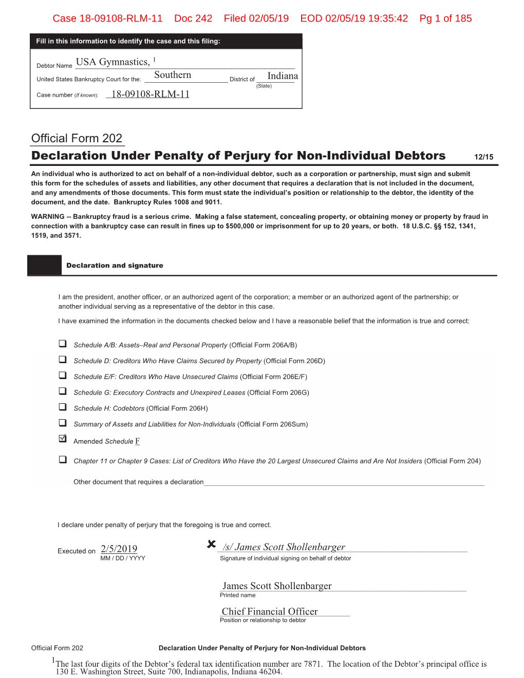 Official Form 202 Declaration Under Penalty of Perjury for Non-Individual Debtors 12/15