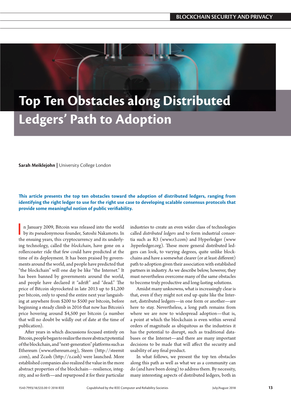 Top Ten Obstacles Along Distributed Ledgers Path to Adoption