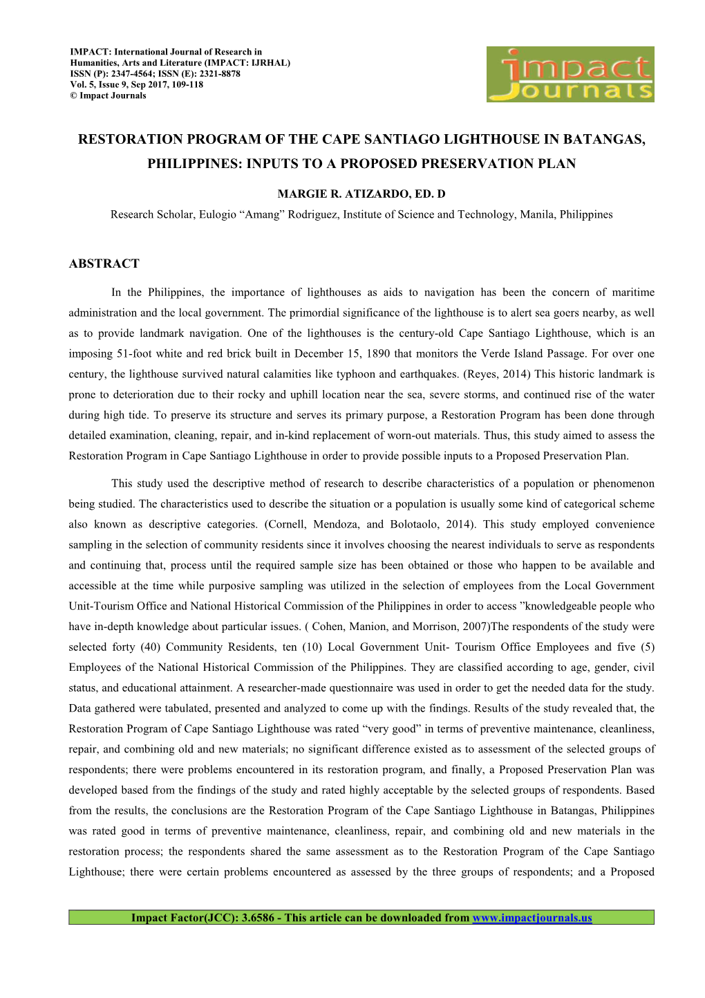 Restoration Program of the Cape Santiago Lighthouse in Batangas, Philippines: Inputs to a Proposed Preservation Plan