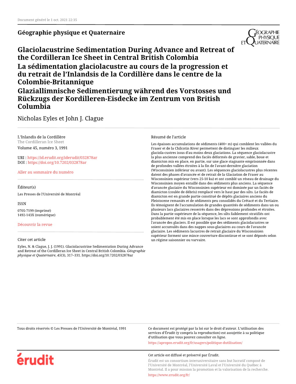 Glaciolacustrine Sedimentation During Advance and Retreat of the Cordilleran Ice Sheet in Central British Colombia