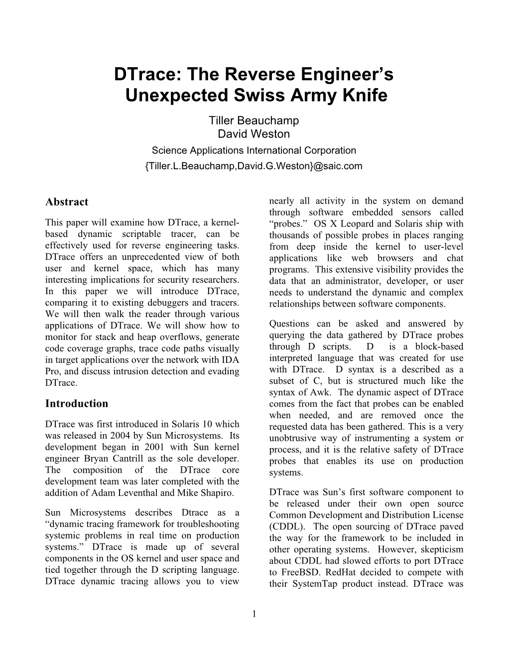 Dtrace: the Reverse Engineer's Unexpected Swiss Army Knife