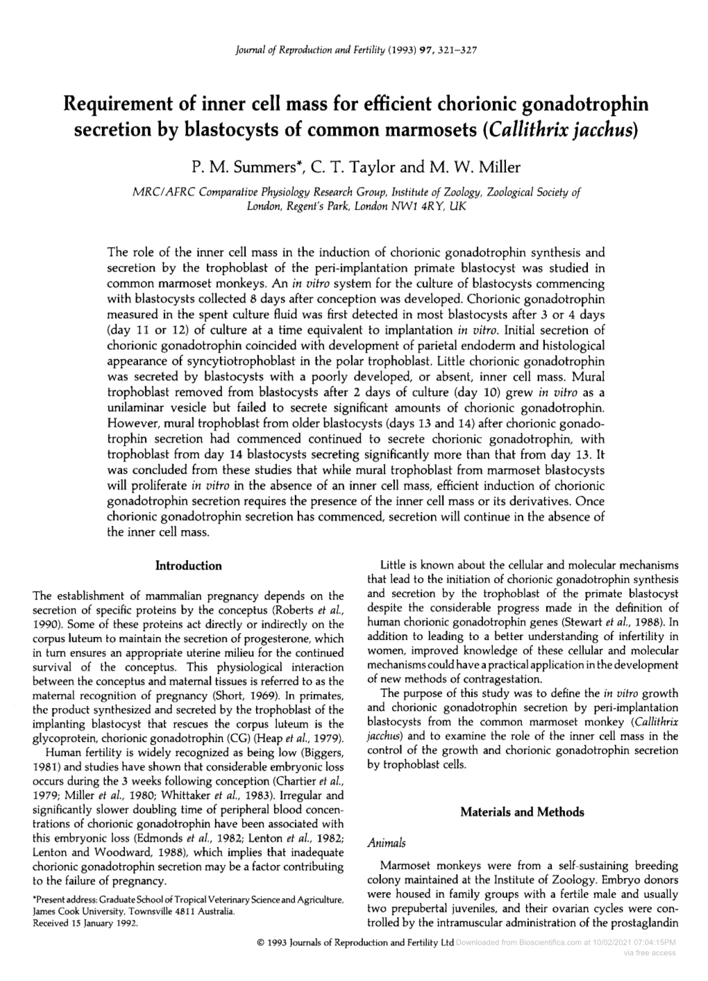 Secretion by Blastocysts of Common Marmosets (Callithrix Jacchus) P