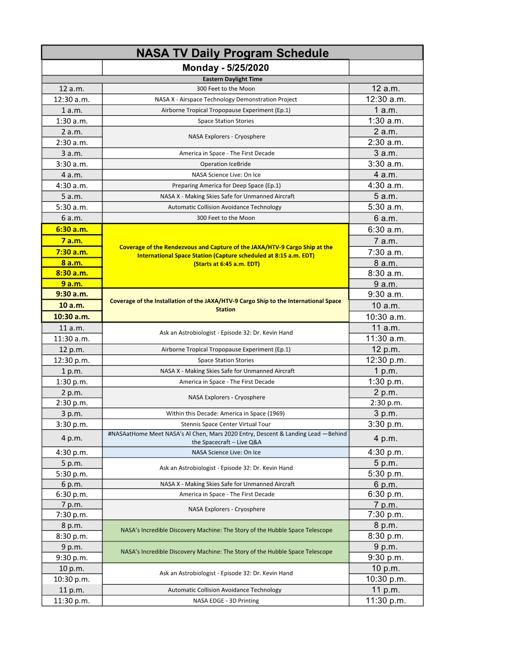 NASA TV Schedule for Web (Week of 5-25-2020) Rev. D.Xlsx