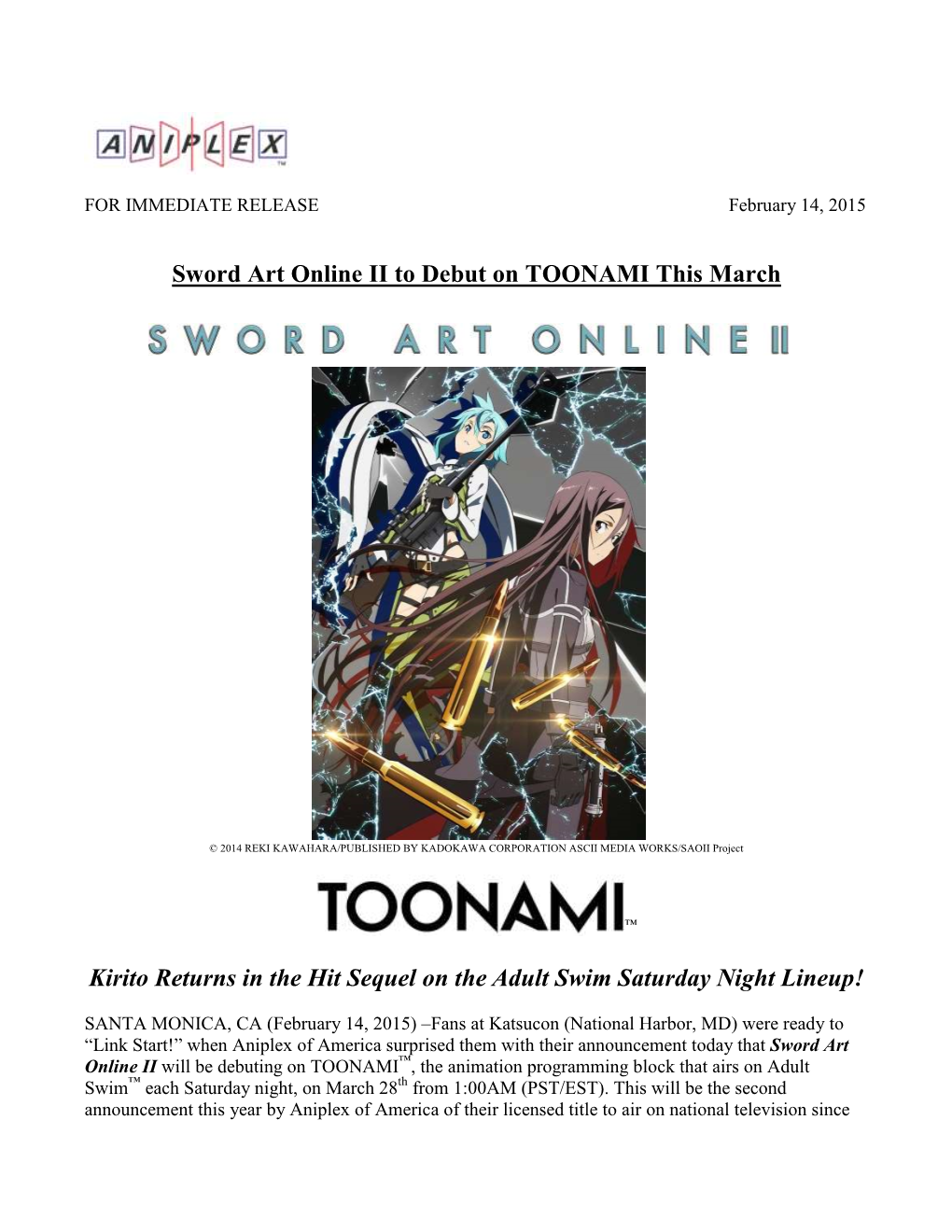 Sword Art Online II to Debut on TOONAMI This March